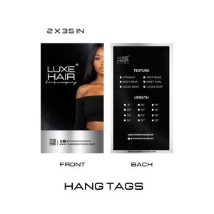 Puede incluir: Etiqueta colgante en blanco y negro con el texto "LUXE HAIR hair company" y la cara de una mujer en el frente. La parte posterior de la etiqueta enumera las texturas del cabello, las longitudes y la informaci&oacute;n de las redes sociales.