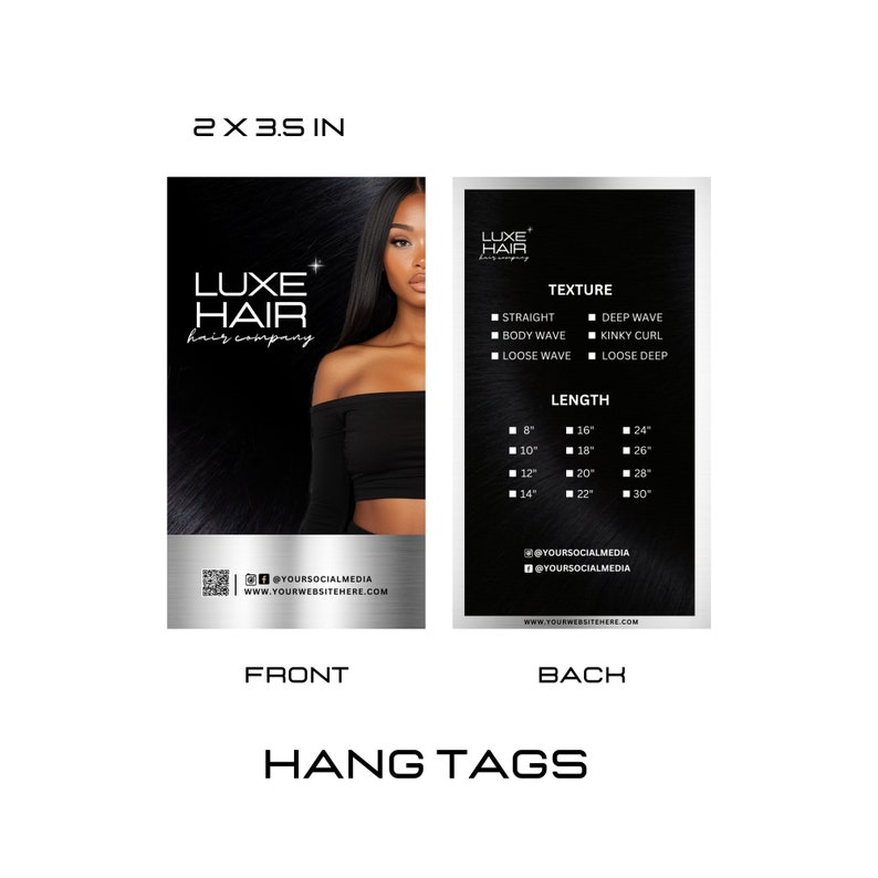 Puede incluir: Etiqueta colgante en blanco y negro con el texto "LUXE HAIR hair company" y la cara de una mujer en el frente. La parte posterior de la etiqueta enumera las texturas del cabello, las longitudes y la informaci&oacute;n de las redes sociales.