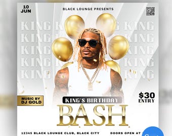 DIY Premade Male birthday flyer invitation, Editable on Canva, Party, Event flyer, Bday bash, Men, Club, Celebration, White and Gold