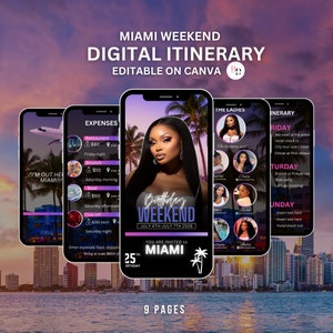 DIY Miami weekend birthday trip, Girls trip invitation, Editable on Canva, Itinerary template, Animated travel planner, Instant download