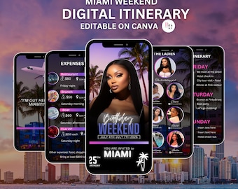Weekend di compleanno fai da te a Miami, invito per viaggio tra amiche, modificabile su Canva, modello di itinerario, pianificatore di viaggio animato, download immediato