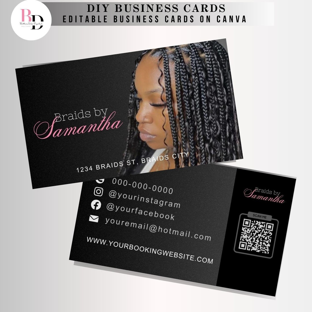 DIY Premade Hair Braider Business Cards, Black and Pink Editable