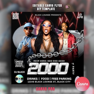 Può includere: Volantino nero con tre persone, il testo "2000" in grande carattere argentato e le parole "Bevande | Cibo | Parcheggio gratuito". Il volantino include anche il testo "Black Lounge Presents" e "Dress Code: 2000's".