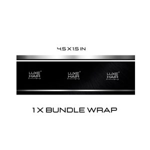 Puede incluir: Una envoltura de paquete 1x negra y plateada con el texto "LUXE HAIR" repetido tres veces. La envoltura mide 11,4 cm por 3,8 cm.