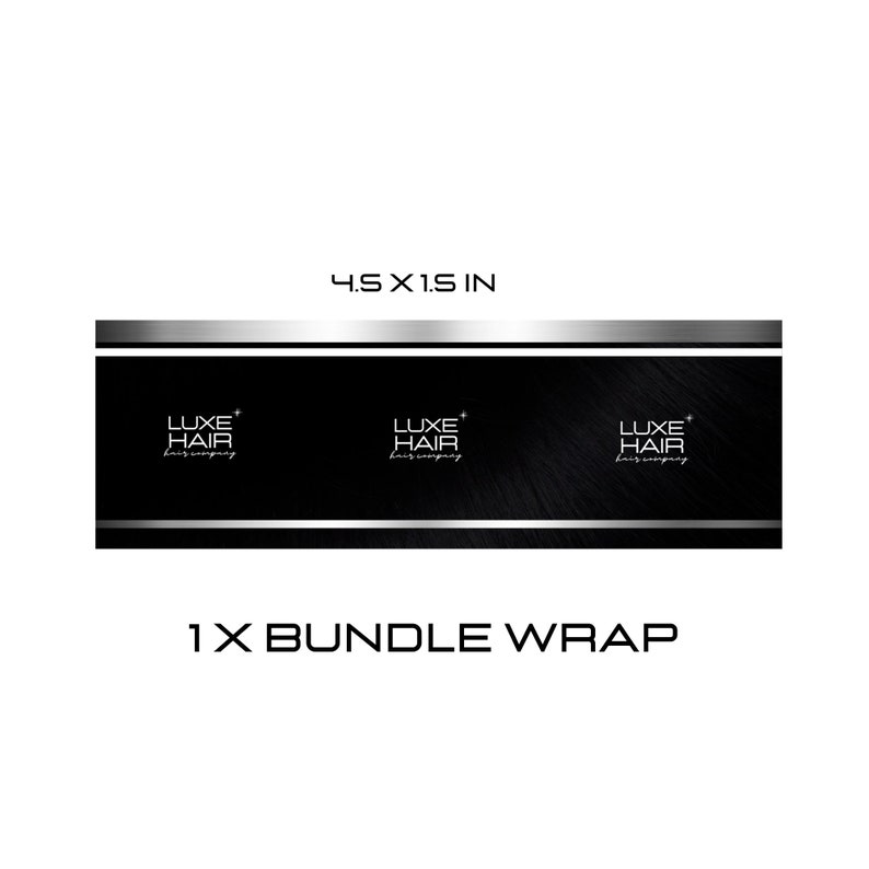 Puede incluir: Una envoltura de paquete 1x negra y plateada con el texto "LUXE HAIR" repetido tres veces. La envoltura mide 11,4 cm por 3,8 cm.