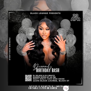 Glam Black birthday bash flyer, Editable on Canva, Party invitation, Bday girl invites, Diamonds, Event flyer, Lounge, Club