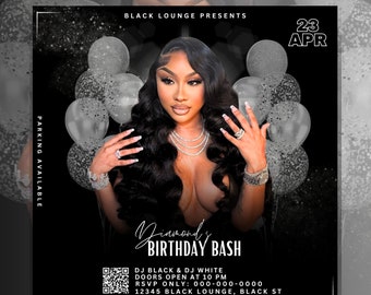 Glam Black birthday bash flyer, bewerkbaar op Canva, uitnodiging voor feest, Bday girl nodigt uit, diamanten, evenementflyer, Lounge, Club