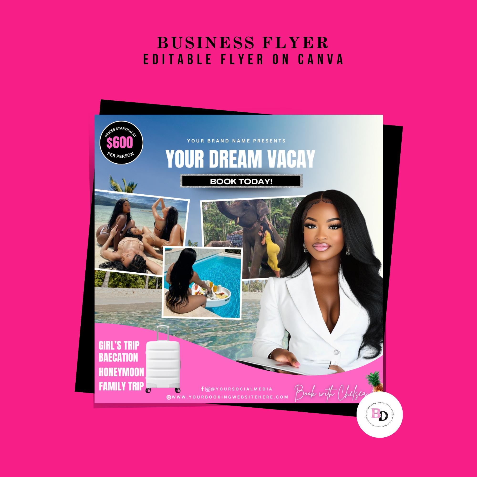 Plantilla de volante para agencia de viajes DIY, editable en Canva, agencia de viajes, reservas de viajes de chicas, volante de vacaciones, descarga instantánea