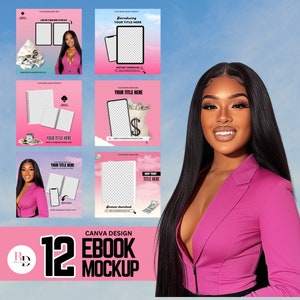 May include: A collection of 12 Canva design templates for ebook mockups. The templates feature a pink background with a variety of elements, including a phone, a notebook, and a bag of money. The text "CANVA DESIGN 12 EBOOK MOCKUP" is displayed at the bottom of the image.
