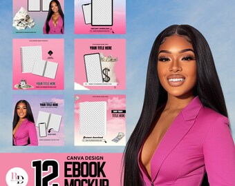 Pode incluir: Uma coleção de 12 modelos de design Canva para maquetes de ebooks. Os modelos apresentam um fundo rosa com uma variedade de elementos, incluindo um telefone, um caderno e uma bolsa de dinheiro. O texto "CANVA DESIGN 12 EBOOK MOCKUP" é exibido na parte inferior da imagem.