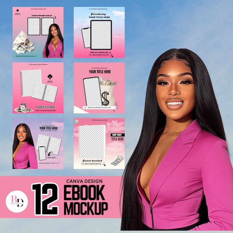 May include: A collection of 12 Canva design templates for ebook mockups. The templates feature a pink background with a variety of elements, including a phone, a notebook, and a bag of money. The text "CANVA DESIGN 12 EBOOK MOCKUP" is displayed at the bottom of the image.