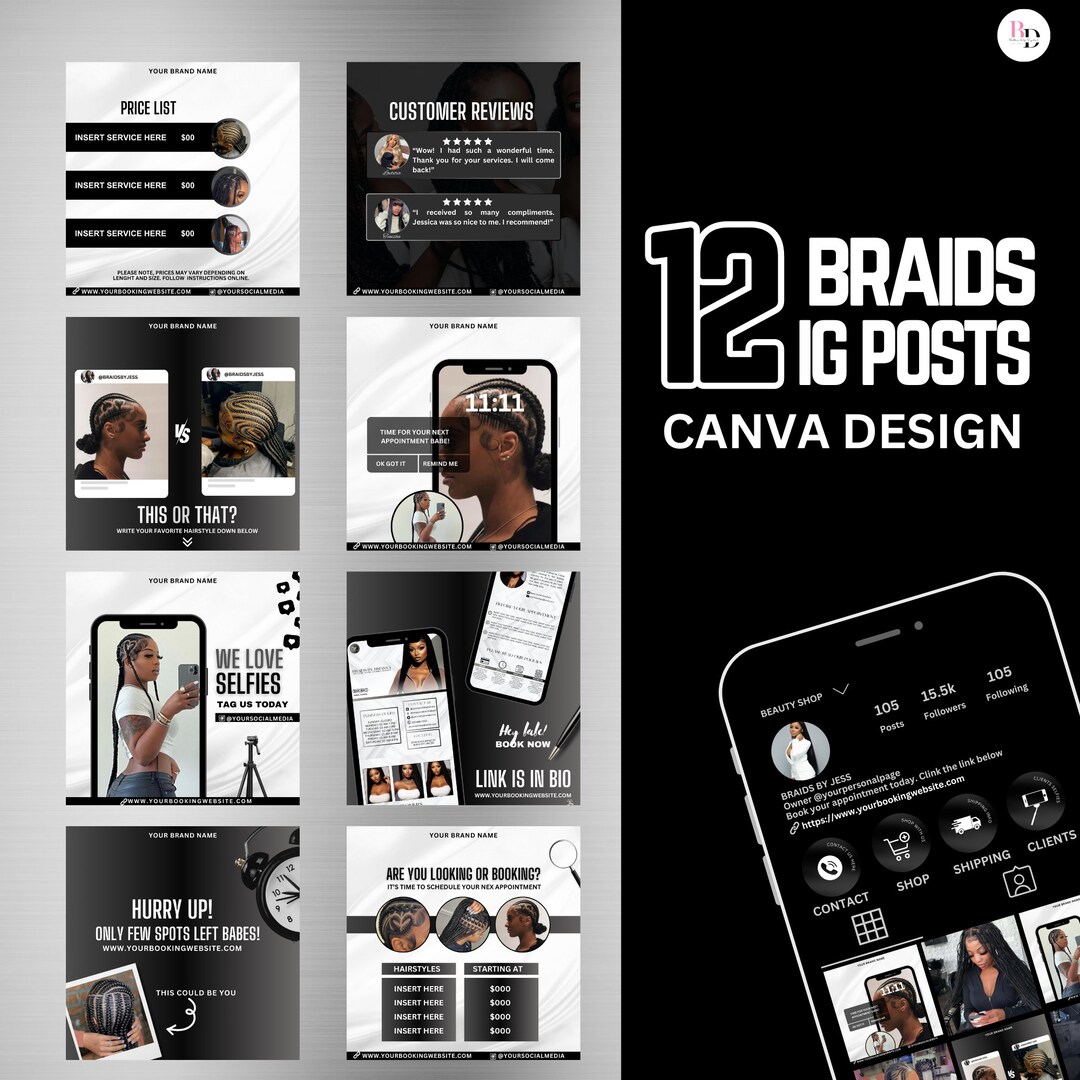 12 Luxury Black and White Braider Instagram Post Templates, DIY, Canva ...