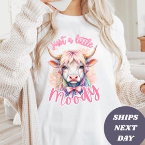 Just a little moody shirt, highland cow coquette tshirt, cow lovers sweatshirt, farm tee, Funny Heifer Sarcastic Snarky Western Cow tee