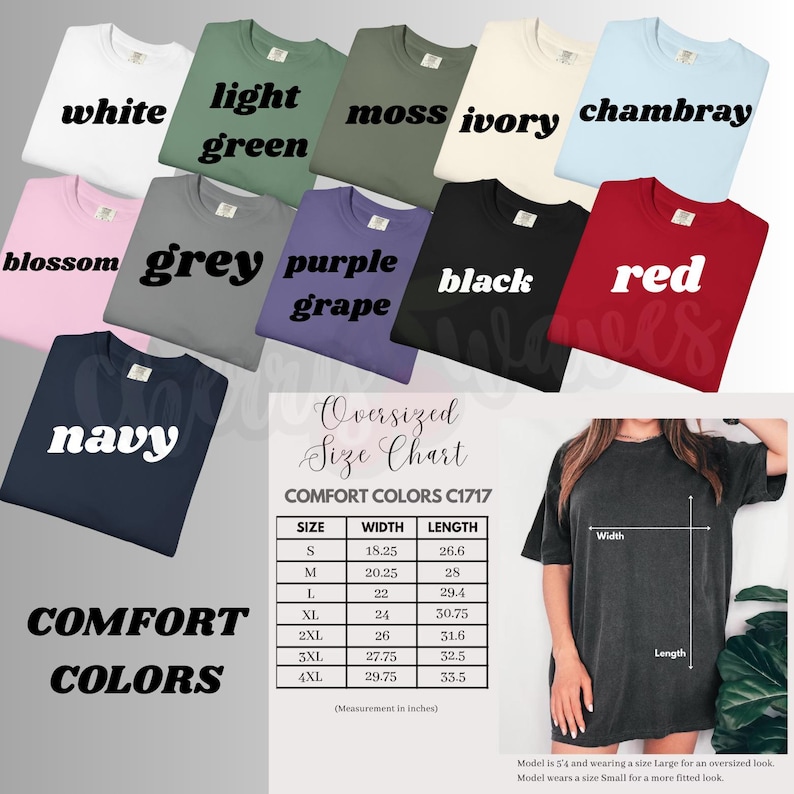Może przedstawiać: Kolekcja koszulek Comfort Colors w rozmiarze oversize w r&oacute;żnych kolorach, w tym białym, jasnozielonym, mchu, kości słoniowej, chambray, r&oacute;żowym, szarym, fioletowym winogronie, czarnym, czerwonym i granatowym. Dołączona jest tabela rozmiar&oacute;w.