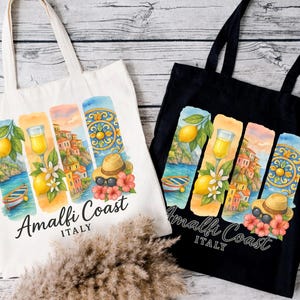 Amalfi Coast Italy Vacation Cotton Canvas Tote Bag - Italian Summer Sicily Beach Travel Handbag, Coastal Reusable Shopping Bag, Travel Lover