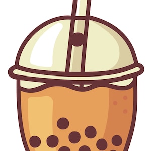 May include: A brown bubble tea with black tapioca pearls in a clear plastic cup with a lid and a straw.