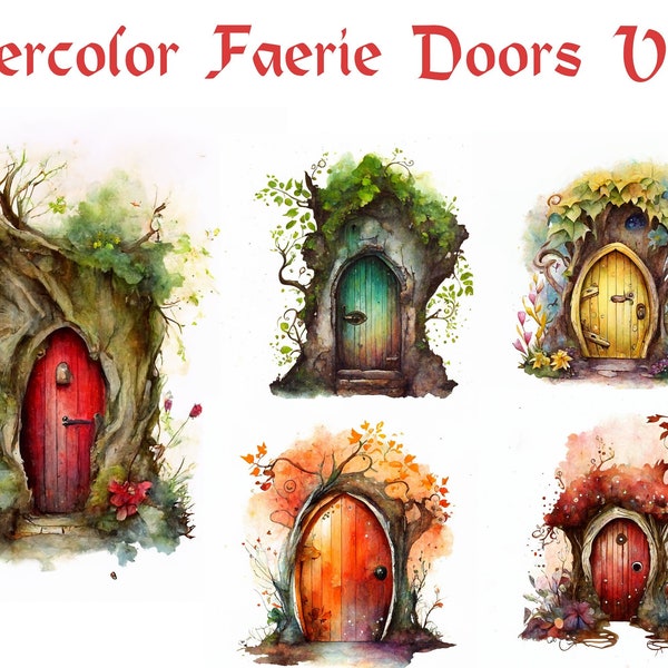 Watercolor Forest Faerie Doors Clipart PNG - fantasy fairy magic door watercolors PNG format instant download for commercial use