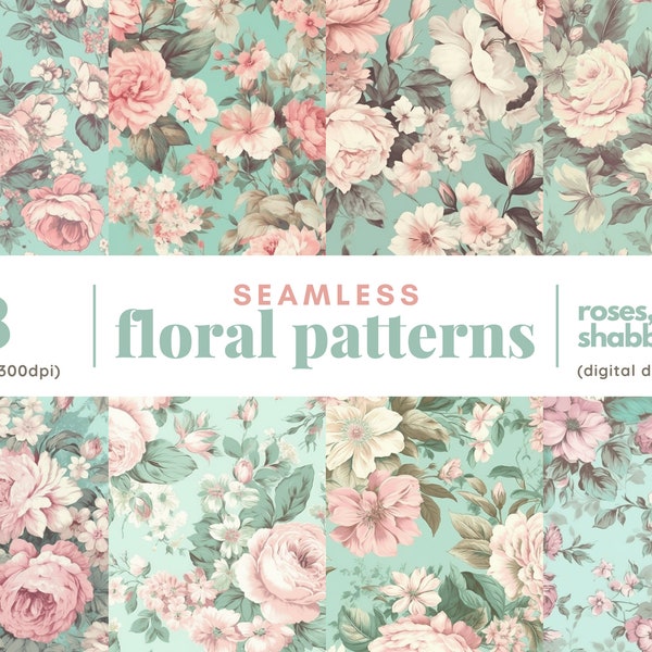 ShabbyChic flowers pattern, commercial use flower shabby chic digital paper, roses pink green for digital download, floral background paper