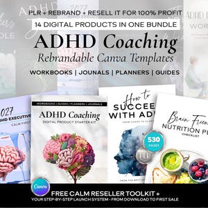 ADHD Coaching PLR Canva Rebrandable Templates, Executive Functioning Workbooks, Neurodivergent, Mental Health Done For You Digital Product