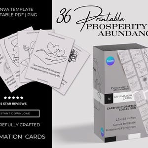 36 Cartões de Afirmação de Prosperidade e Abundância | Modelo Digital Canva, Arquivos PDF e PNG para Imprimir | Baralho de Manifestação para Inspiração Diária