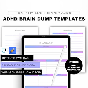ADHD Brain Dump Planner Template | 1 Worksheet, 3 Layouts | 3 Color Options | Printable Digital PDF for Mental Clarity Task Organization