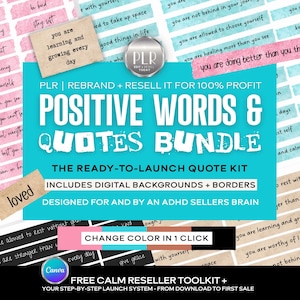 Positive Words and Quotes PLR Bundle, Digital Paper, Affirmations Templates For ADHD Woman Sellers and Neurodivergents Rebrand and Resell
