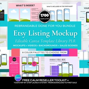 Etsy Listing Mockup 1700 Editable Canva Template Library PLR, Rebrandable DFY Bundle For Etsy Sellers