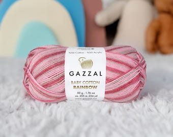 Hilo de algodón arcoíris Gazzal para bebé, hilo suave multicolor para ropa de bebé, chales de crochet y proyectos de tejido de verano.