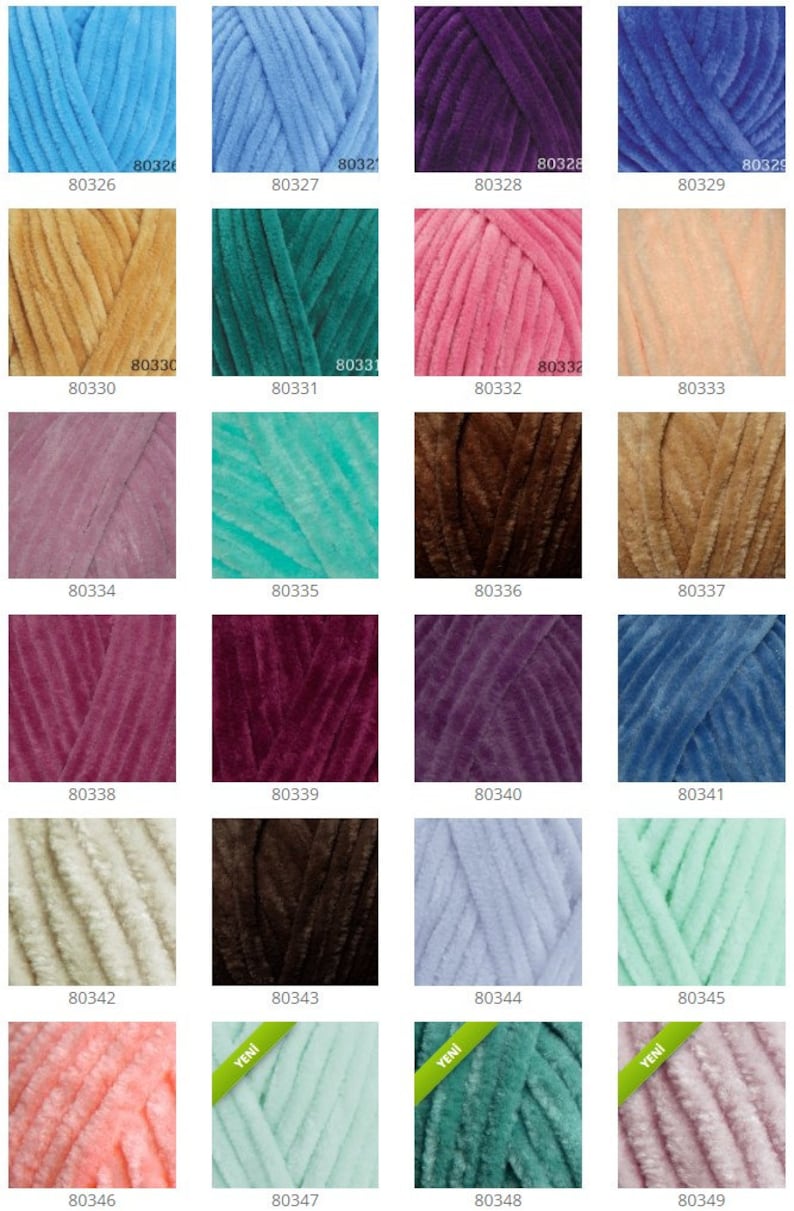 May include: A collection of 18 yarn skeins in various colors, including blue, green, pink, brown, and purple. Each skein is labeled with a number.