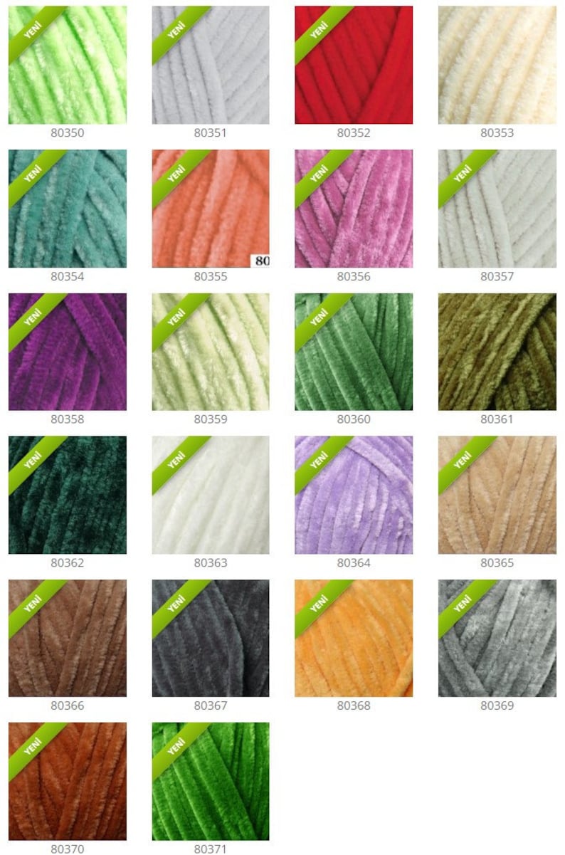 May include: A collection of 16 yarn skeins in various colors, including green, red, orange, pink, purple, brown, gray, and white. Each skein has a label with the word "YENİ" and a number.