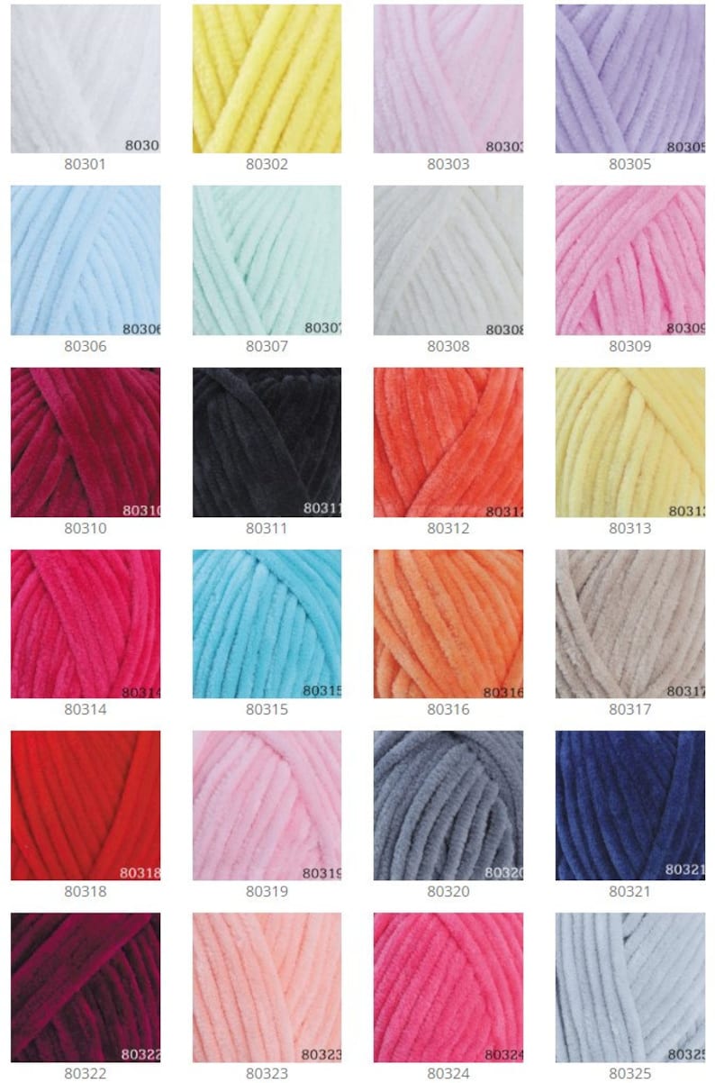 May include: A chart of 25 different colors of yarn, each color is labeled with a number. The yarn is a soft, fuzzy texture.