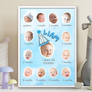 Collage de fotos del primer año, póster imprimible del primer año del bebé, tablero de hitos del primer cumpleaños, letrero minimalista de hitos del primer cumpleaños del bebé