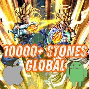 Könnte beinhalten: Eine digitale Illustration von zwei Anime-Charakteren, Goku und Vegeta, in Kampfpose. Die Charaktere sind von einer leuchtend gelben und orangen Aura umgeben. Der Text "1000+ STONES GLOBAL" wird in der Mitte des Bildes angezeigt. Die Apple- und Android-Logos werden unten im Bild angezeigt.