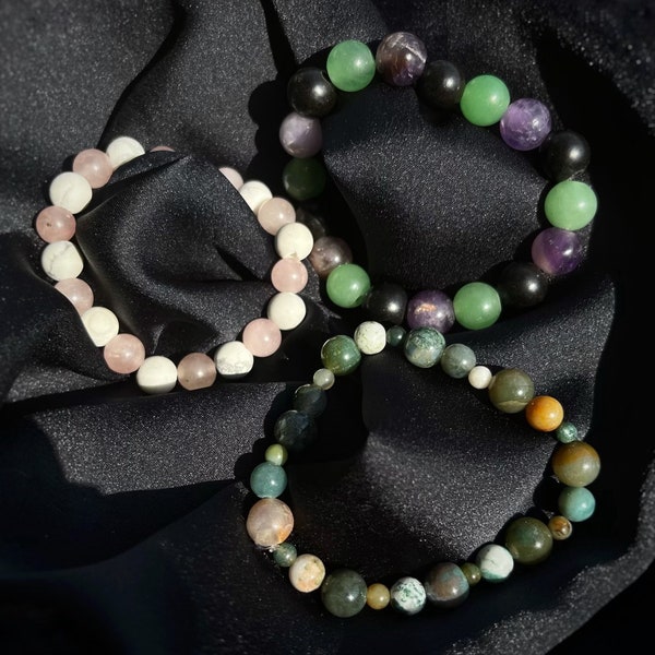 Crystal Bead Bracelets | Amethyst Black Obsidian Green Aventurine Fancy Jasper Rose Quartz Howlite Round Beads Bracelet