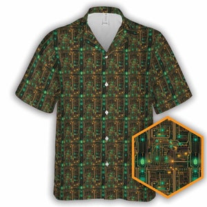 May include: A green and gold short-sleeved button-up shirt with a circuit board pattern. The shirt has a collar and a button-up front.