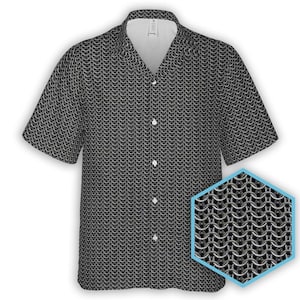 May include: A short-sleeved button-up shirt with a chainmail pattern. The shirt is black with a silver chainmail pattern. The chainmail pattern is also shown in a close-up in the lower right corner of the image.