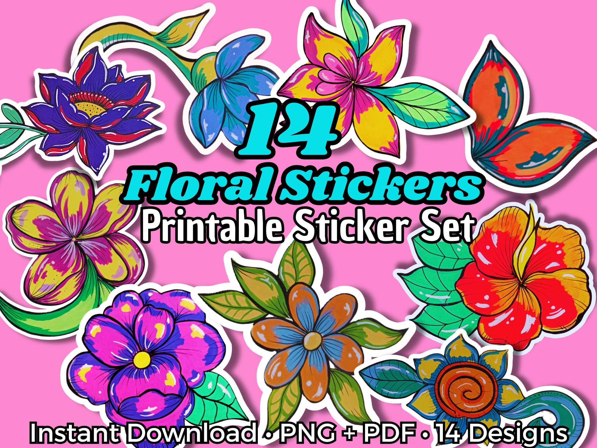 Sticker Numbers Flower Design 14 Colorful Floral Stickers Printable | Hand Painted Acrylic Flower ...