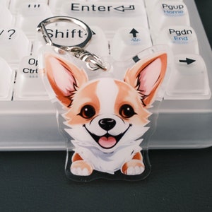Customizable Corgi Acrylic Keychain with Leather Tag | Personalized Corgi Keyring