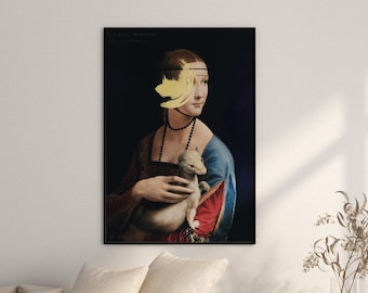 Arte de pared imprimible con toque de pintura, arte de retrato vintage de dama renacentista, impresión de Leonardo Da Vinci, arte de pared de galería, impresión digital