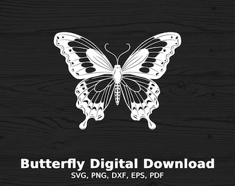 May include: A white silhouette of a butterfly with black markings on a dark wood background. The text "Butterfly Digital Download SVG, PNG, DXF, EPS, PDF" is below the butterfly.