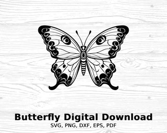May include: Black and white silhouette of a butterfly with intricate wing patterns. The butterfly is centered on a white woodgrain background.