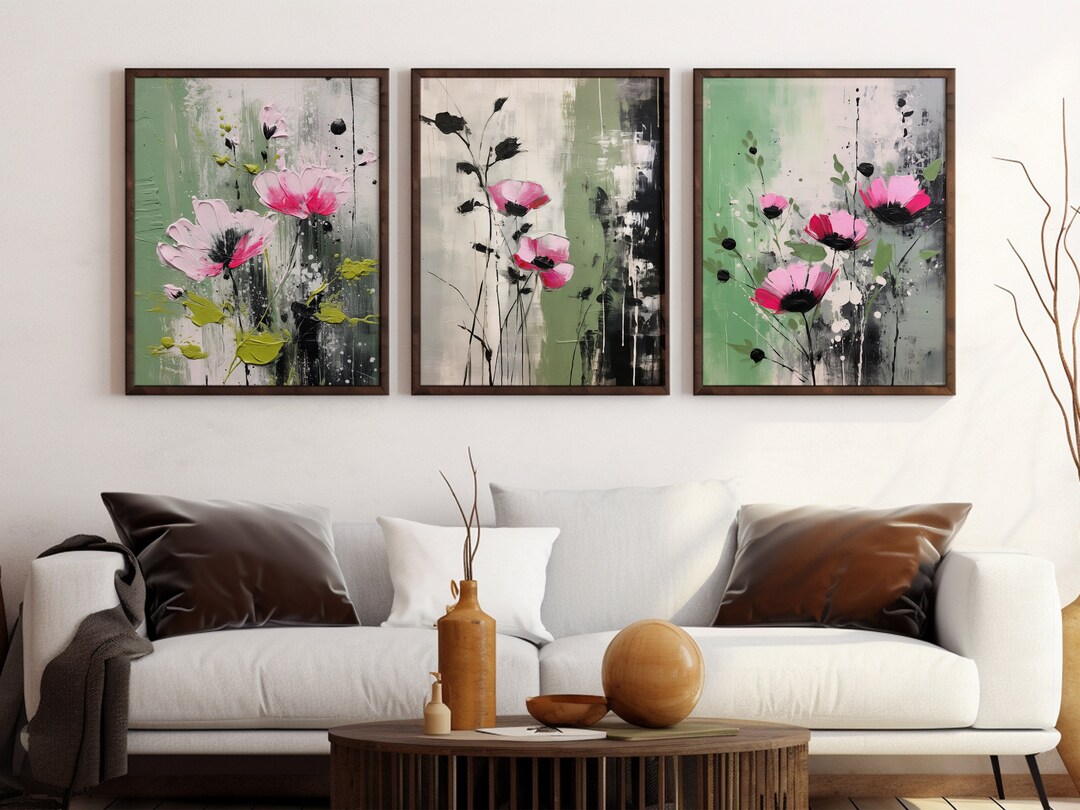 Sage Green Floral Wall Art Bundle Set of 3 Abstract Etsy