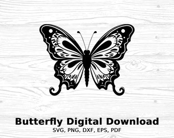 May include: A black and white butterfly digital download graphic. The butterfly has detailed wing patterns and is centered on a light wood grain background. Text at the bottom reads "Butterfly Digital Download" with file type options.