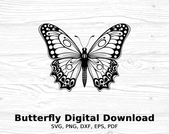 May include: Black and white silhouette of a butterfly with intricate wing patterns. Butterfly Digital Download. SVG, PNG, DXF, EPS, PDF.