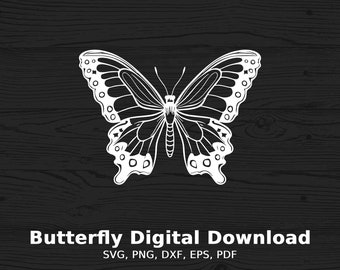 May include: A white silhouette of a butterfly with intricate wing patterns against a dark wood background. The image includes the text "Butterfly Digital Download SVG, PNG, DXF, EPS, PDF".