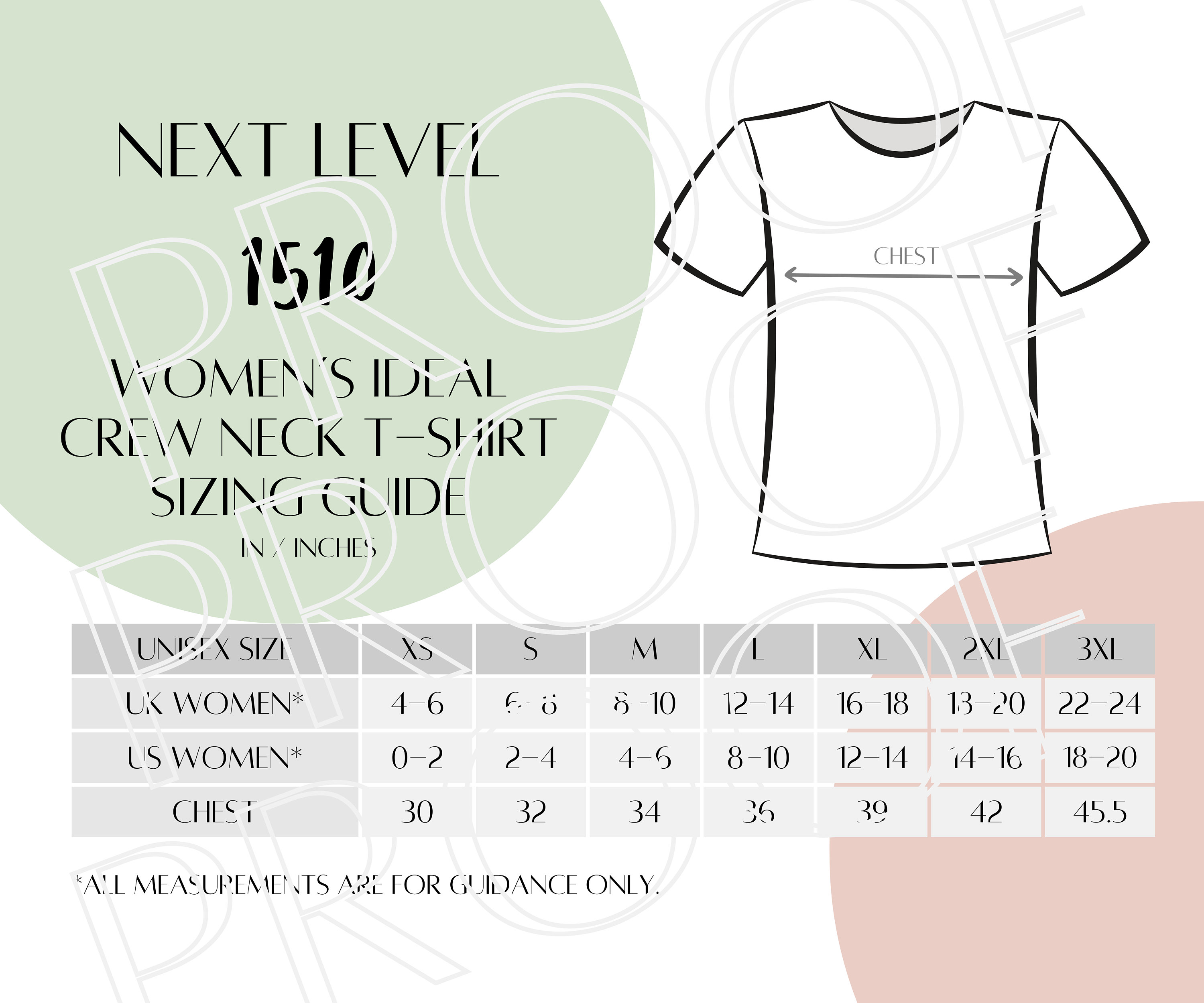 Next Level Apparel レディース Ideal クルーネック T シャツ 1510 サイズ表、T シャツ サイズ ガイド、デジタル ダウンロード、ダウンロード可能なデジタル サイズ ガイド