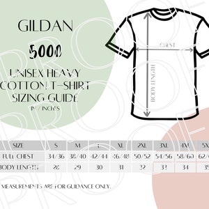 Gildan 5000 Sizing Chart, Unisex Heavy Cotton T-Shirt Size Guide, Digital Download, Downloadable Digital Sizing Guide