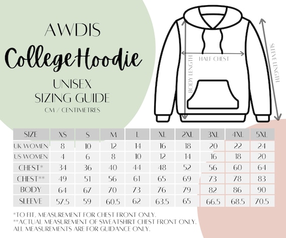 Awdis Just Hoods College Hoodie JH001 Sizing Chart, Unisex Hoodie