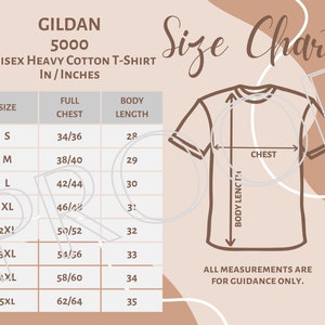Gildan 5000 Sizing Chart, Unisex Heavy Cotton T-Shirt Size Guide, Digital Download, Downloadable Digital Sizing Guide