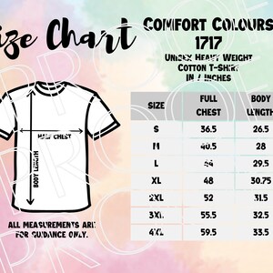 Comfort Colours 1717 Sizing Chart, Unisex Heavy Weight Cotton T-Shirt Size Guide, Digital Download, Downloadable Digital Sizing Guide